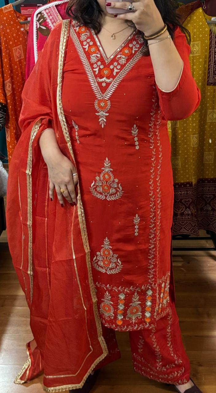 Red Organza Handwork Suit