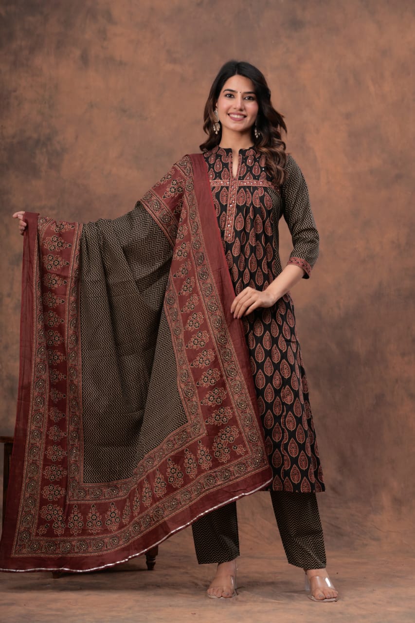 Cotton-Ajark print Kurta Set