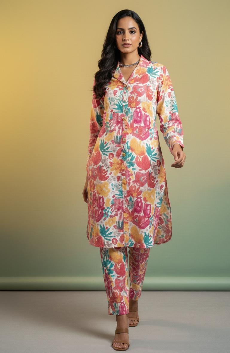 Women Cotton Foil Print Kurta Pant Set