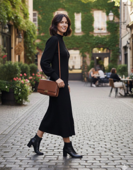 Black Dress below Knee Length with Buttons Infront