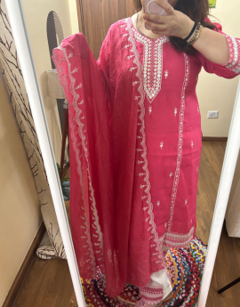 Bright Pink Cotton Kurta Dupatta Set - Tread Embroidery