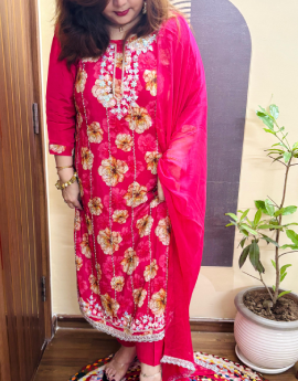 Chinon Fabric - Hot Pink - Handwork 3pcs Set