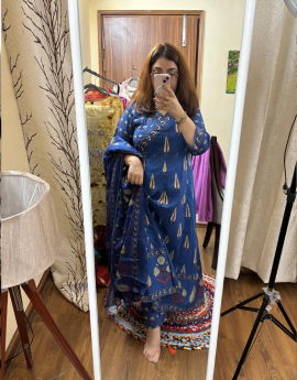 Indigo Blue Block Print Cotton Anarkali Suit