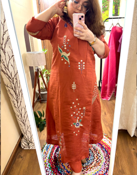 Kurta Dupatta Set- Mal Chanderi Fabric - Orange Color