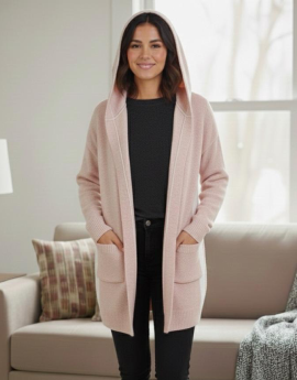 Light Pink & White Hoodie Knee Length Shrug