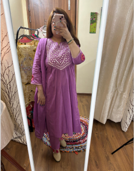 Light Purple Cotton Foil Mirror Work and flower embroidery on hand sleeves and tassel work on Pant hem