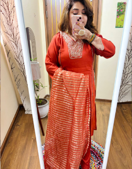 Mul Chanderi Fabric-Rust Orange- Handwork 3pcs Set