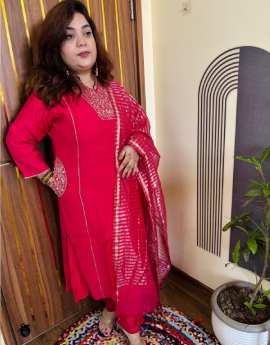 Mul Chanderi Fabric-Hot Pink-Handwork 3pcs Set