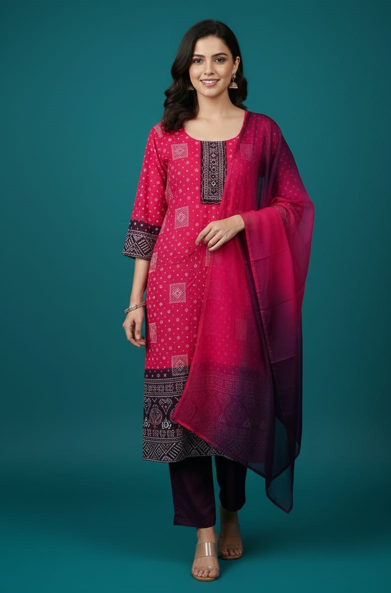 Cotton Bandhej Kurta Set