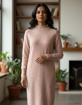 Beige Color Below Knee Length Dress