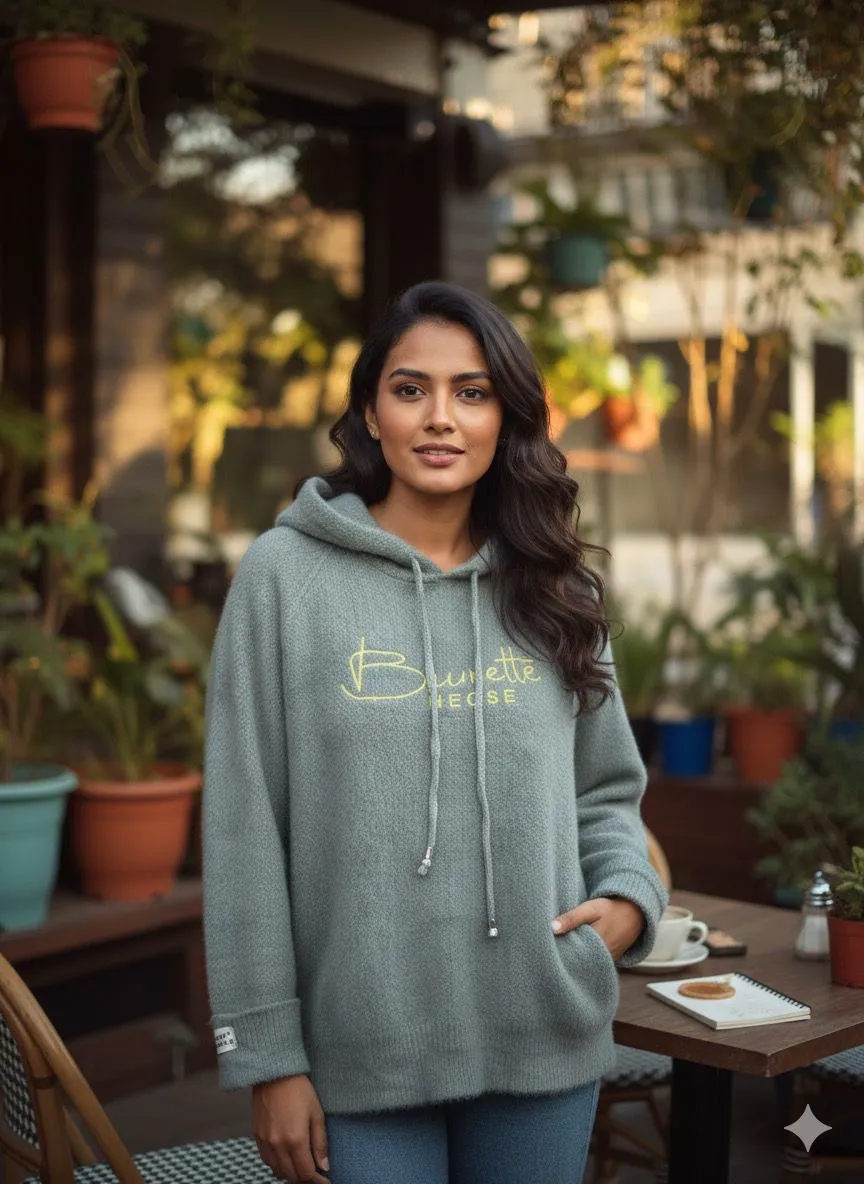 Ocean Green Hoodie Woolen Fur Top