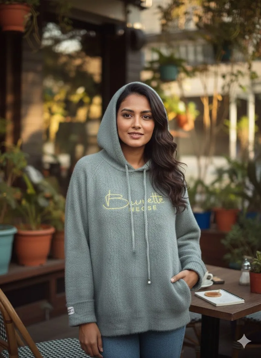 Ocean Green Hoodie Woolen Fur Top - Image 3