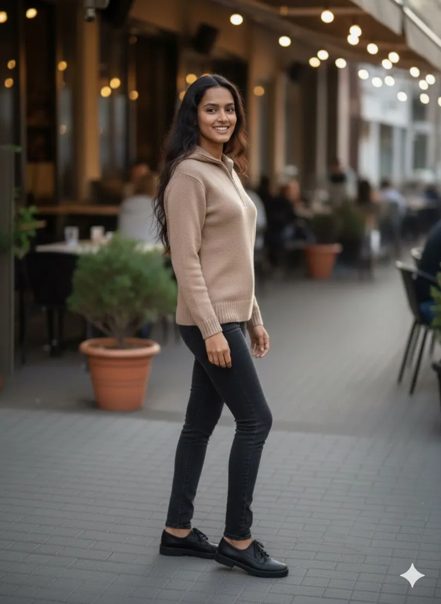 Light Brown Zip Collar Woolen Top - Image 2