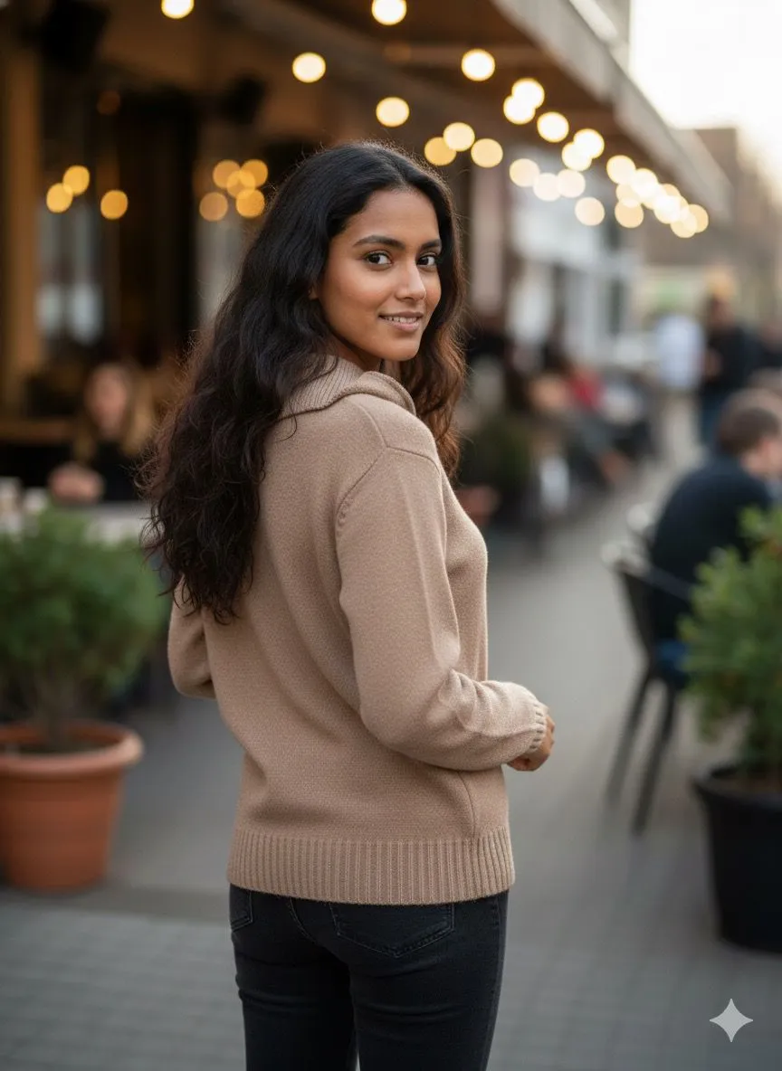 Light Brown Zip Collar Woolen Top - Image 3