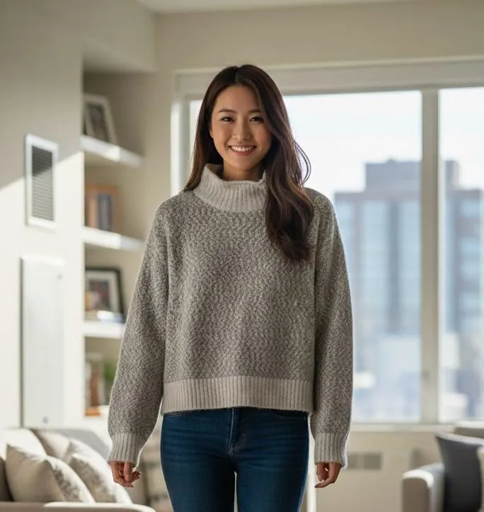 High Collar Grey & White Sweater Top