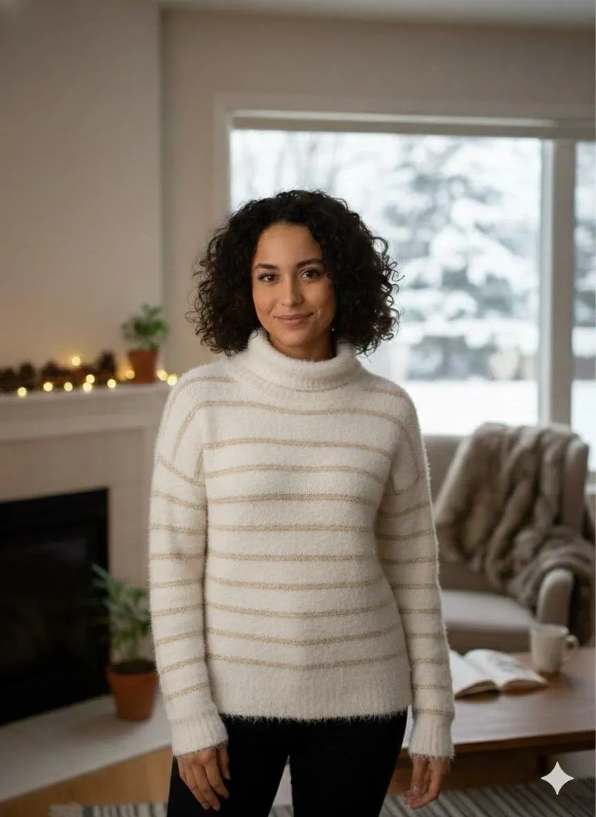 White High Neck Golden lines Woolen Top