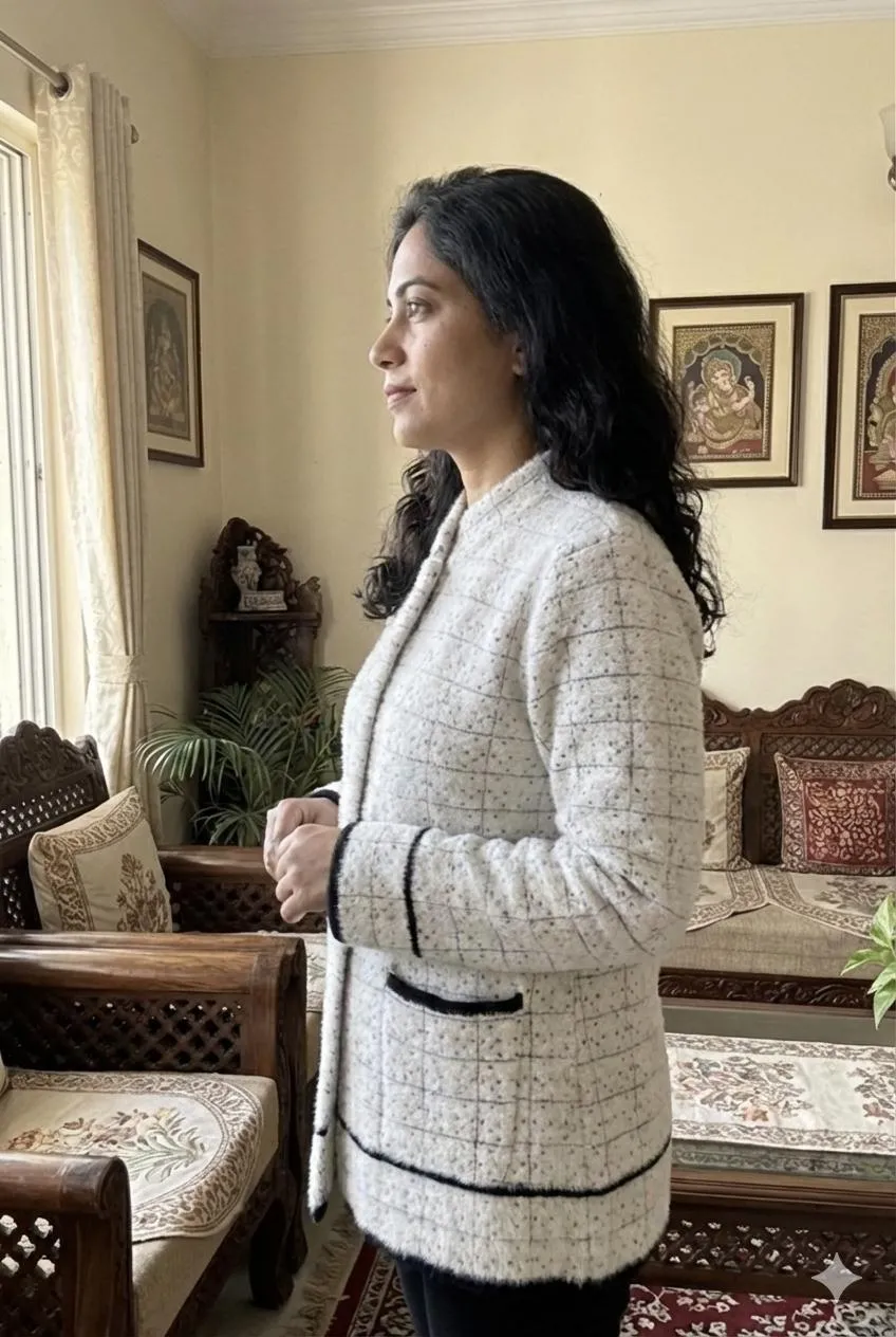 White & Black Dotted Woolen Coat Top - Image 2