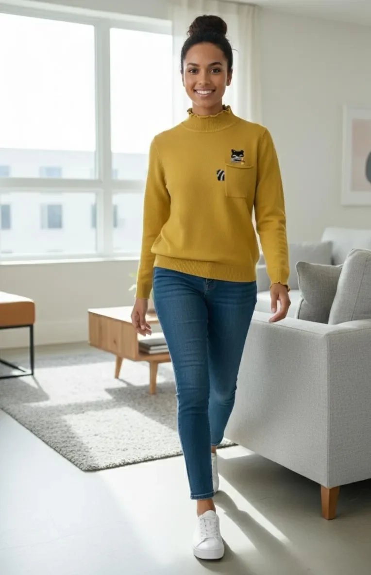 Yellow Stand Collar Woolen Top