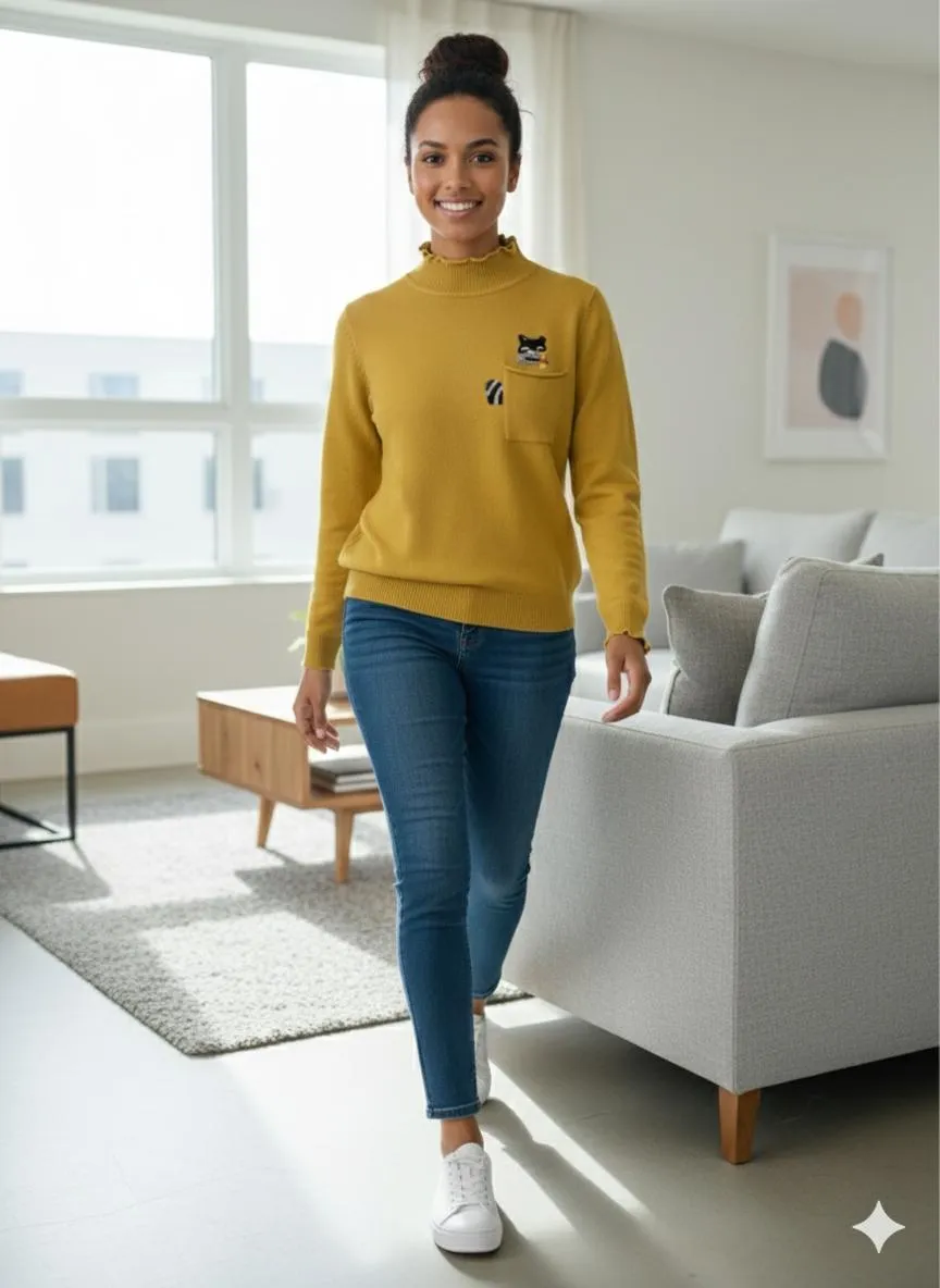 Yellow Stand Collar Woolen Top