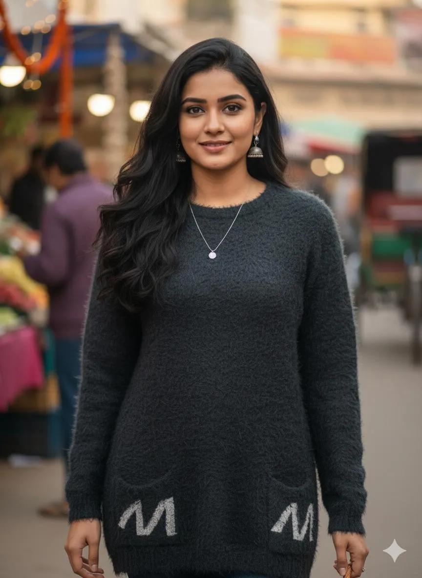 Charcoal Black Woolen Fur Long Top