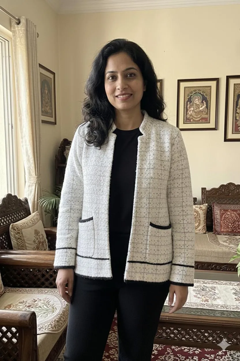 White & Black Dotted Woolen Coat Top