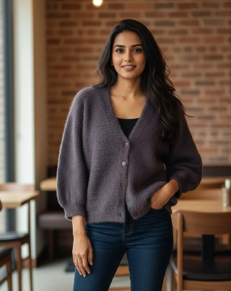 Brown Cardigan Style Woolen Fur Top