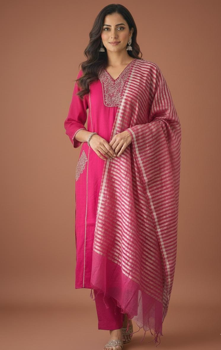 Mal Chanderi -Rust Hot Pink Kurta Set