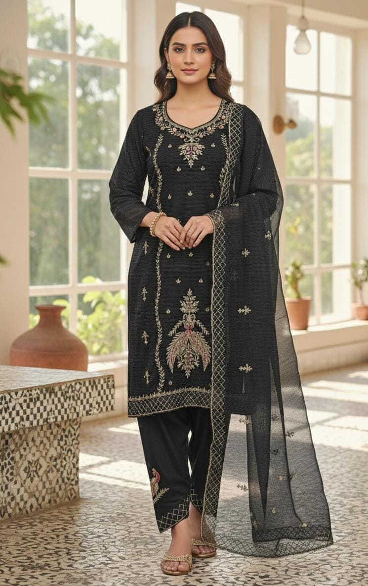 Women’s Organza Tissue Handwork Suit Set | Black