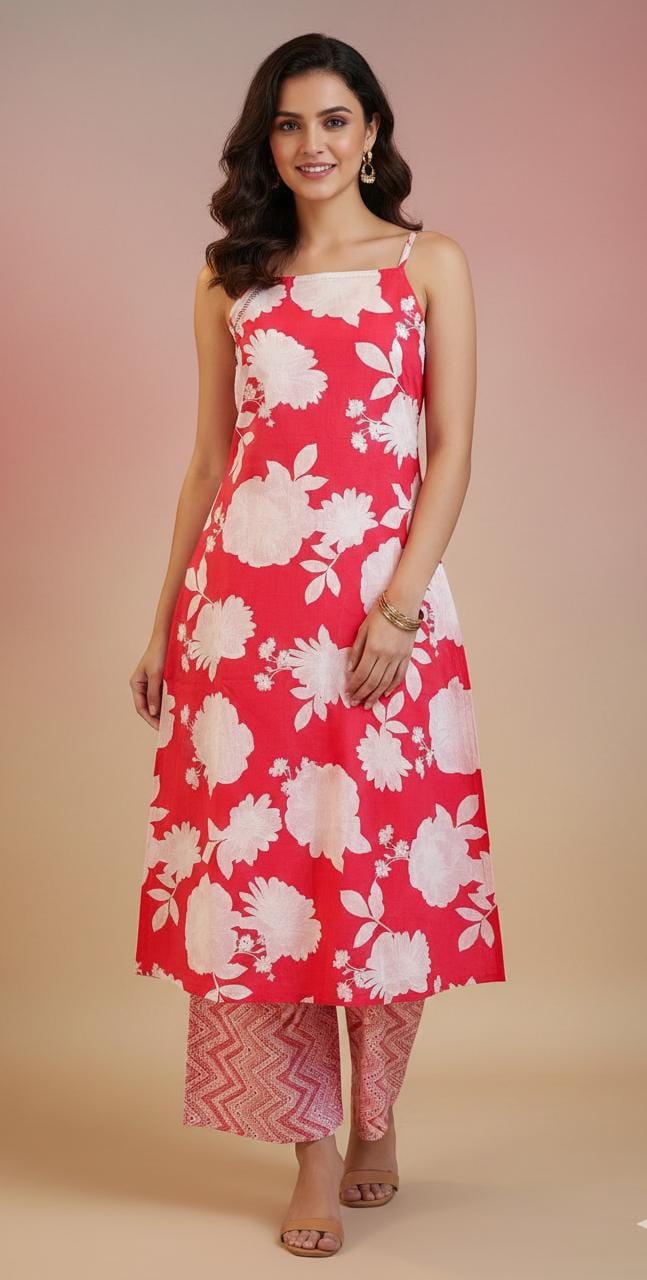Women’s Floral Cotton Long Co-Ord Set | Red