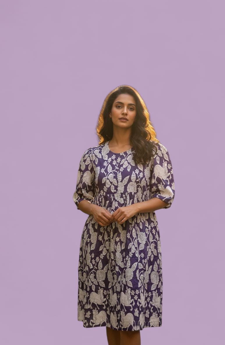 Women Cotton Floral Print Dress | Purple