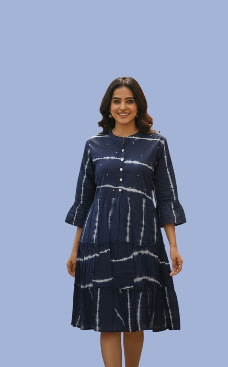 Women Cotton Tie-Dye A Line Dress | Indigo