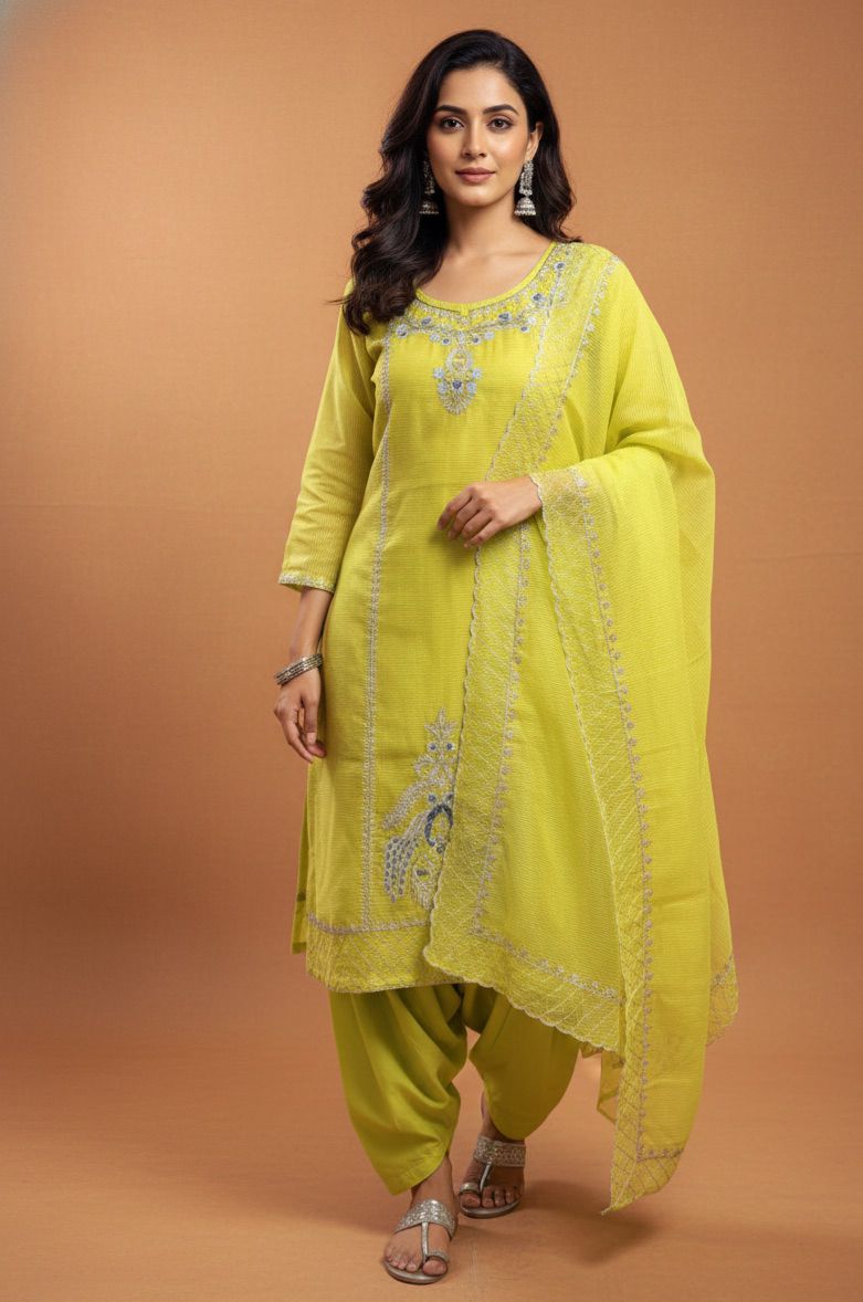 Women’s Organza Tissue Handwork Suit Set | Lemon Yellow