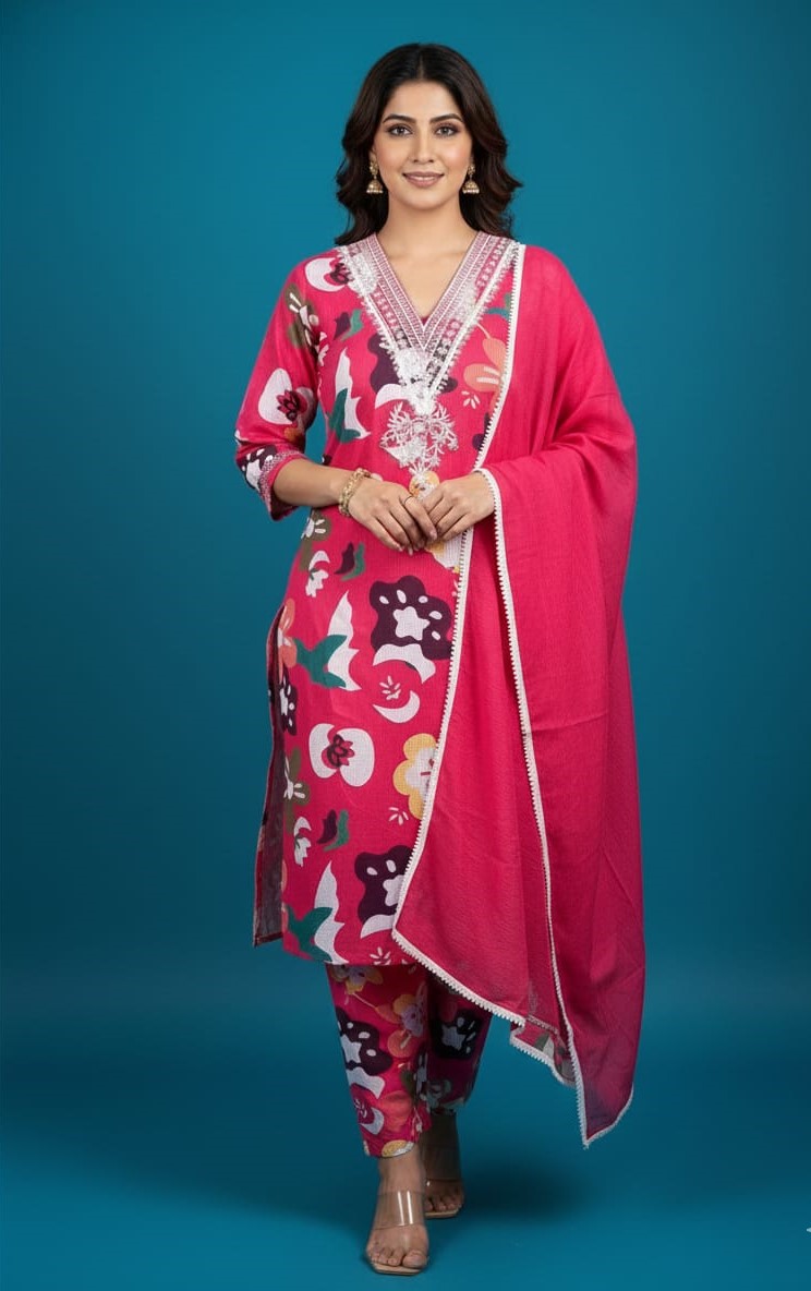 Tebby Cotton Floral Kurta Set | Pink & White