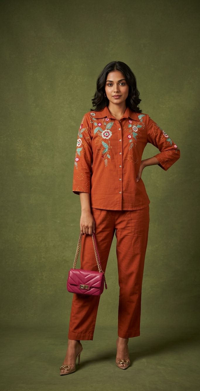 Women’s Cotton Embroidered Co-Ord Set | Orange