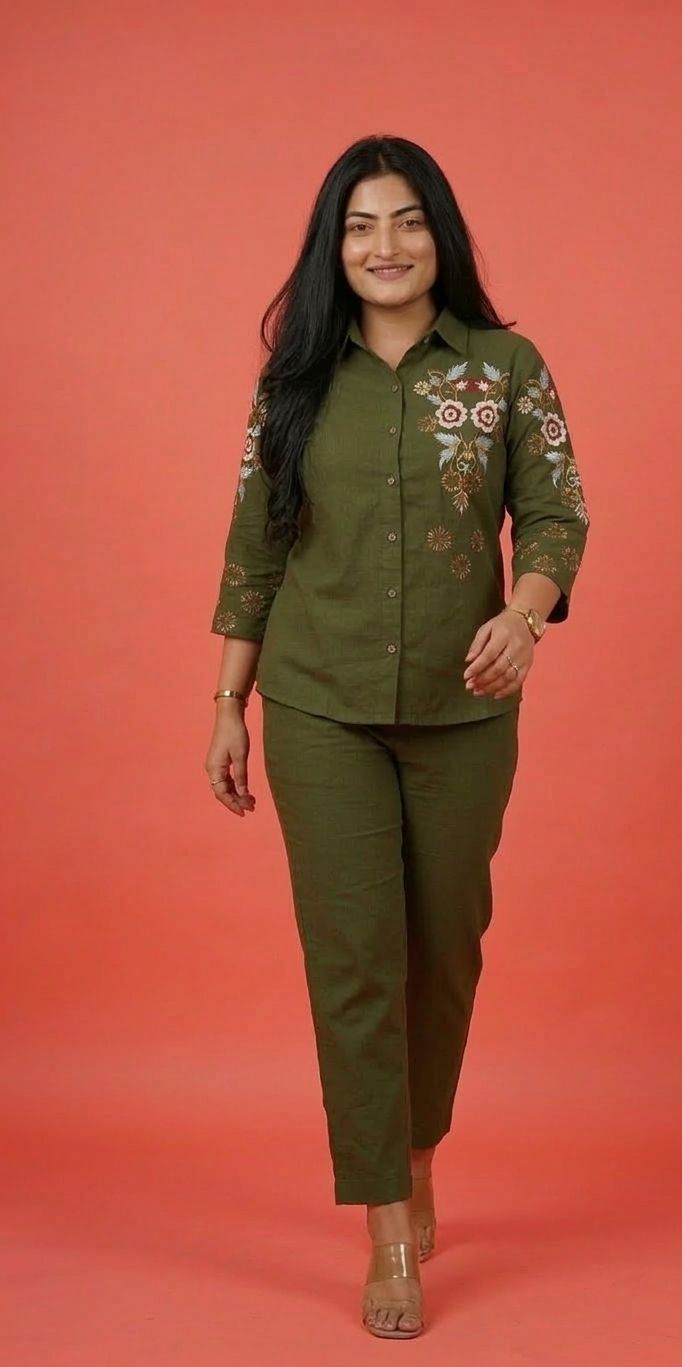 Women’s Cotton Embroidered Co-Ord Set | Olive Green