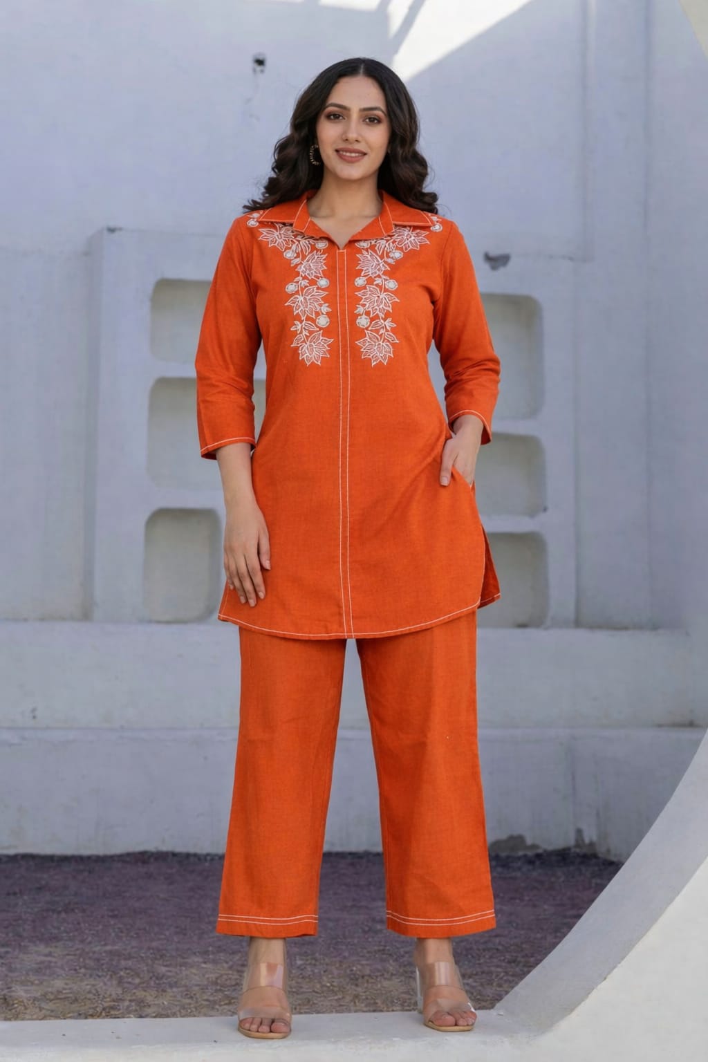 Women’s Cotton Embroidered Co-Ord Set |Orange