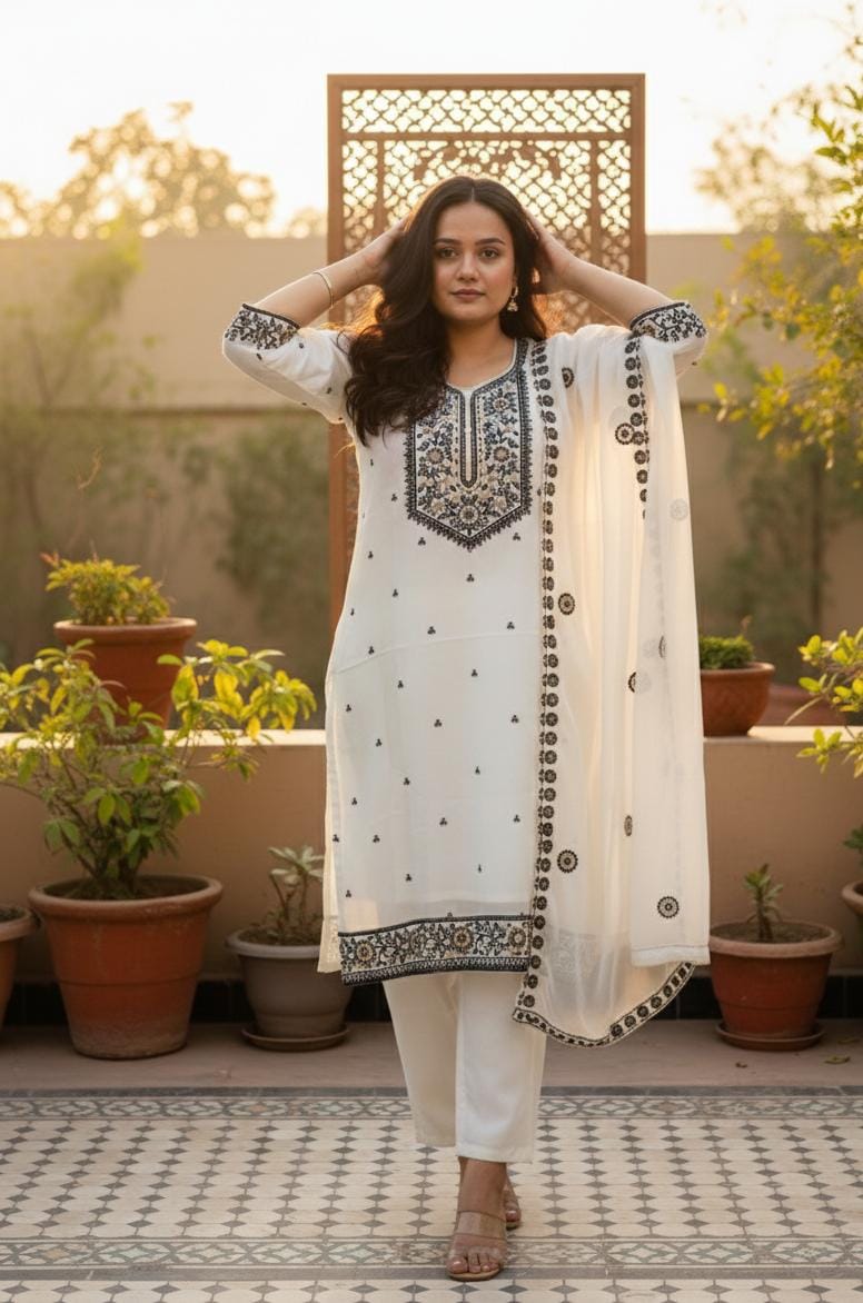 Organza Hand & Threadwork Ethnic Set |White
