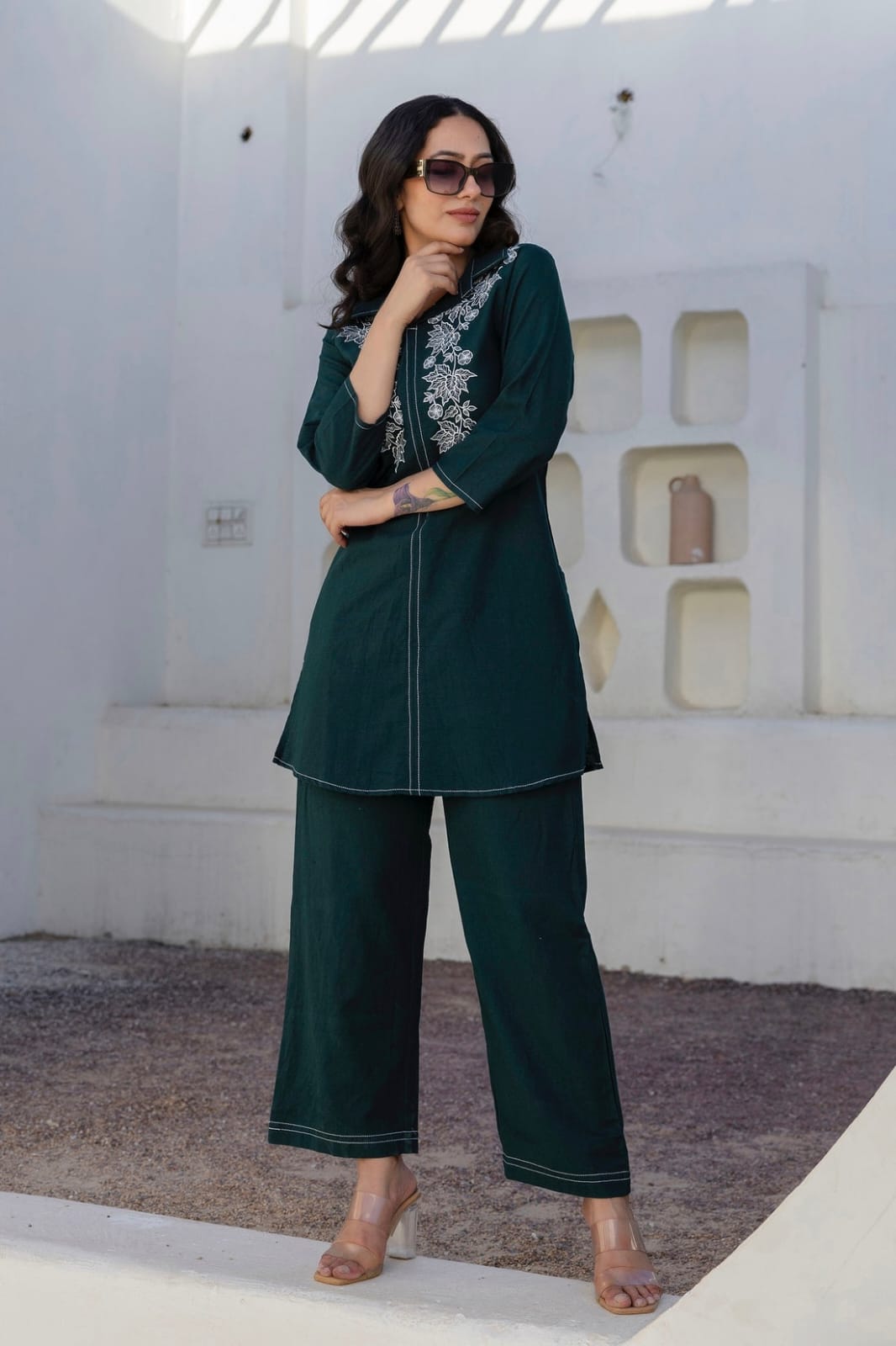Women’s Cotton Embroidered Co-Ord Set |Green - Image 3