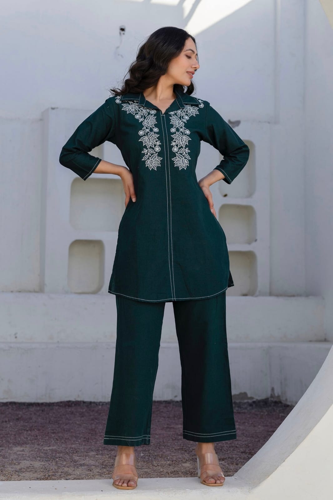 Women’s Cotton Embroidered Co-Ord Set |Green - Image 2