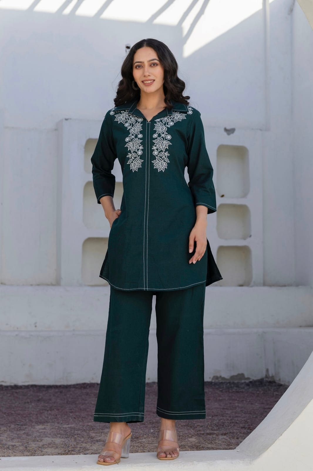 Women’s Cotton Embroidered Co-Ord Set |Green